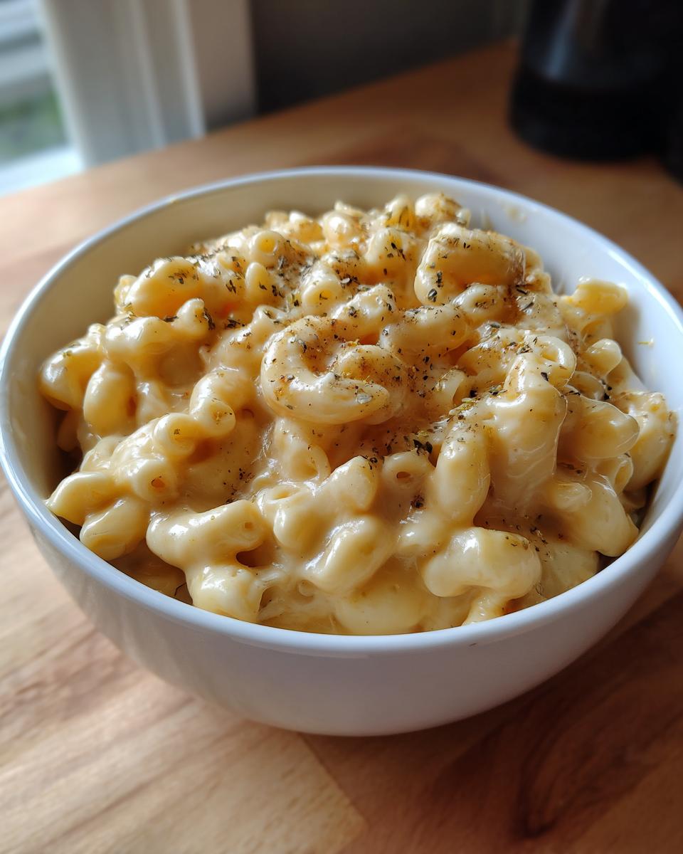 A white bowl filled with creamy 3 ingredient stovetop mac and cheese, seasoned with herbs.