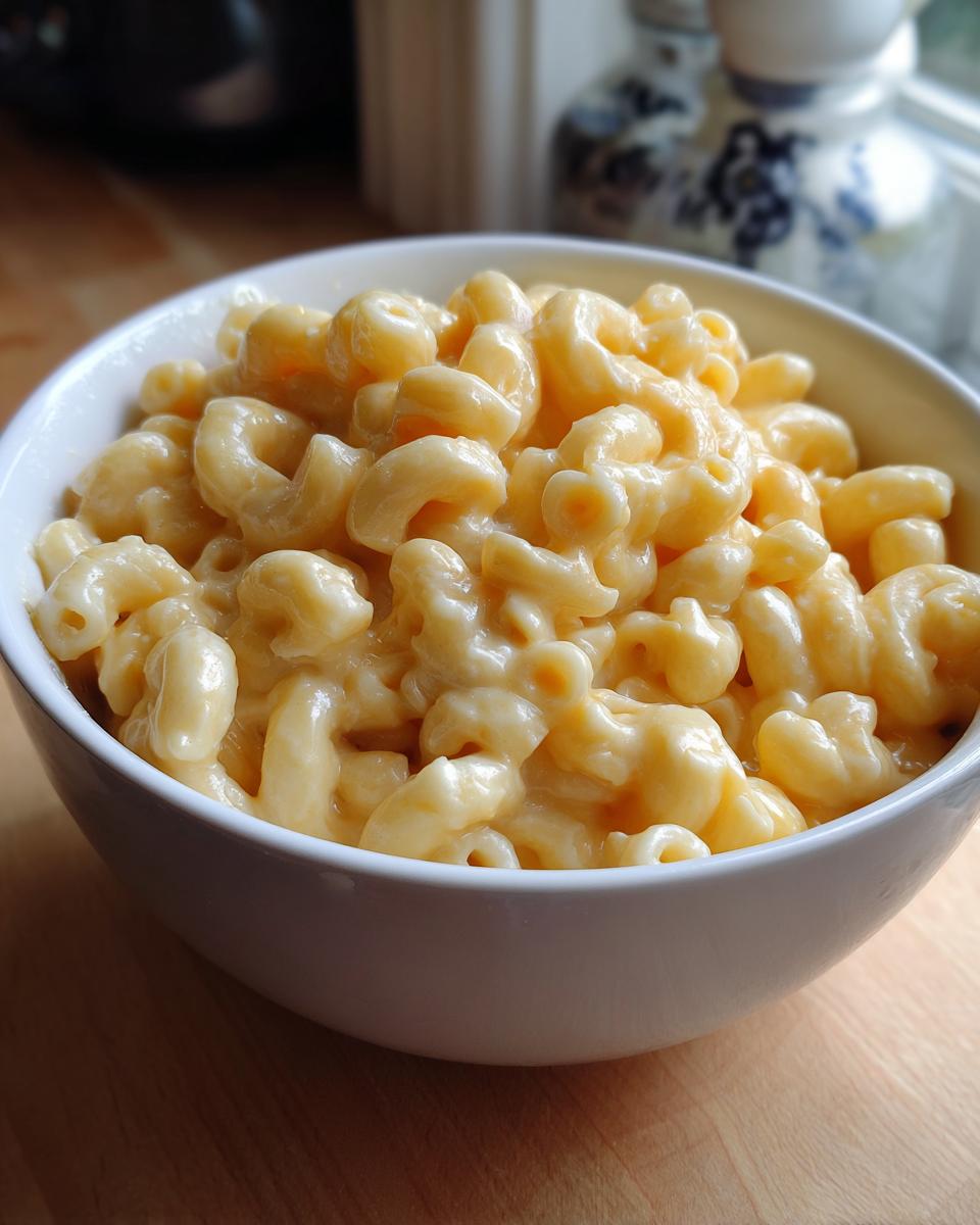 A close-up of a white bowl filled with creamy 3 ingredient stovetop mac and cheese.