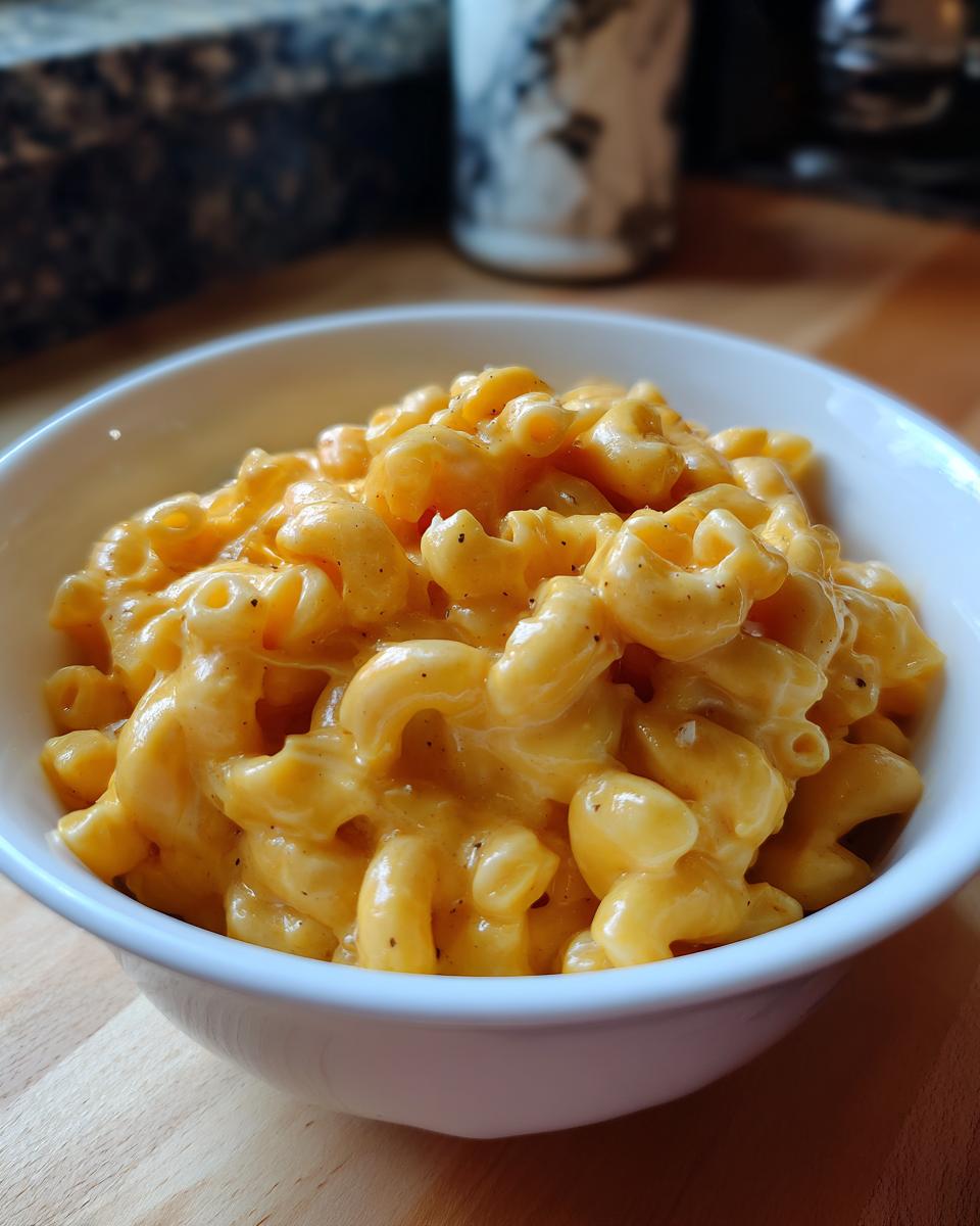 A white bowl filled with creamy 3 ingredient stovetop mac and cheese, seasoned with pepper.