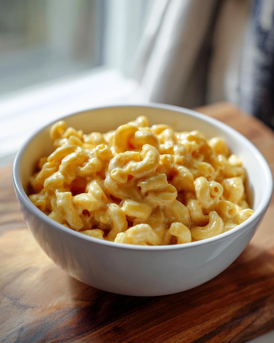 A white bowl filled with creamy 3 ingredient stovetop mac and cheese, served on a wooden board.