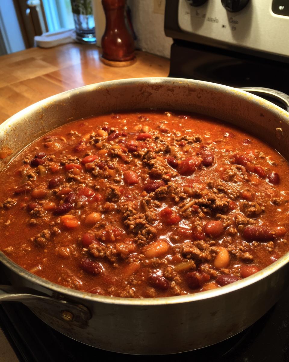 A large pot filled with delicious, simmering chili, featuring ground beef and kidney beans.
