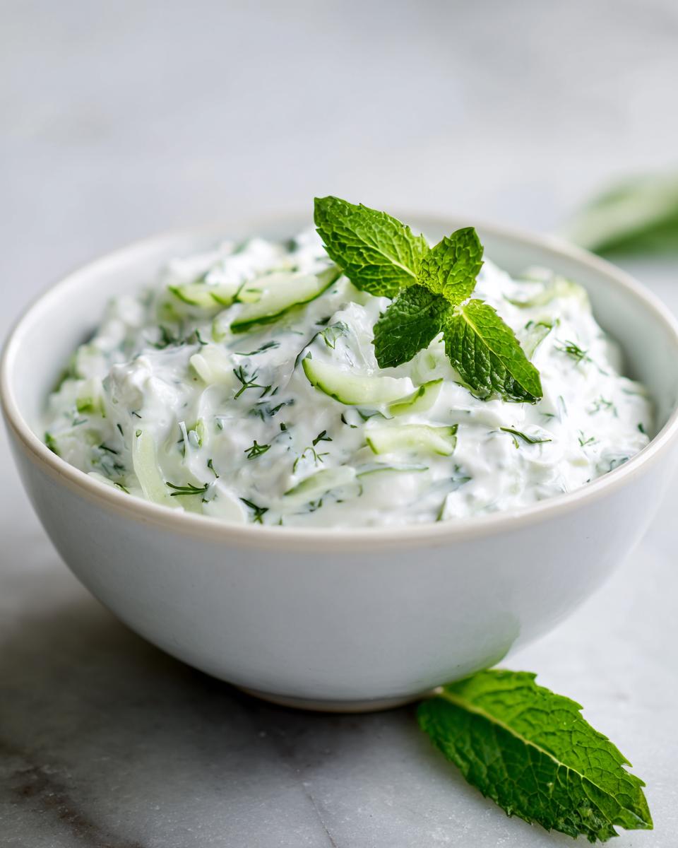 A close-up of a bowl of creamy 5-minute Tzatziki sauce, garnished with fresh mint and dill, with cucumber slices visible.