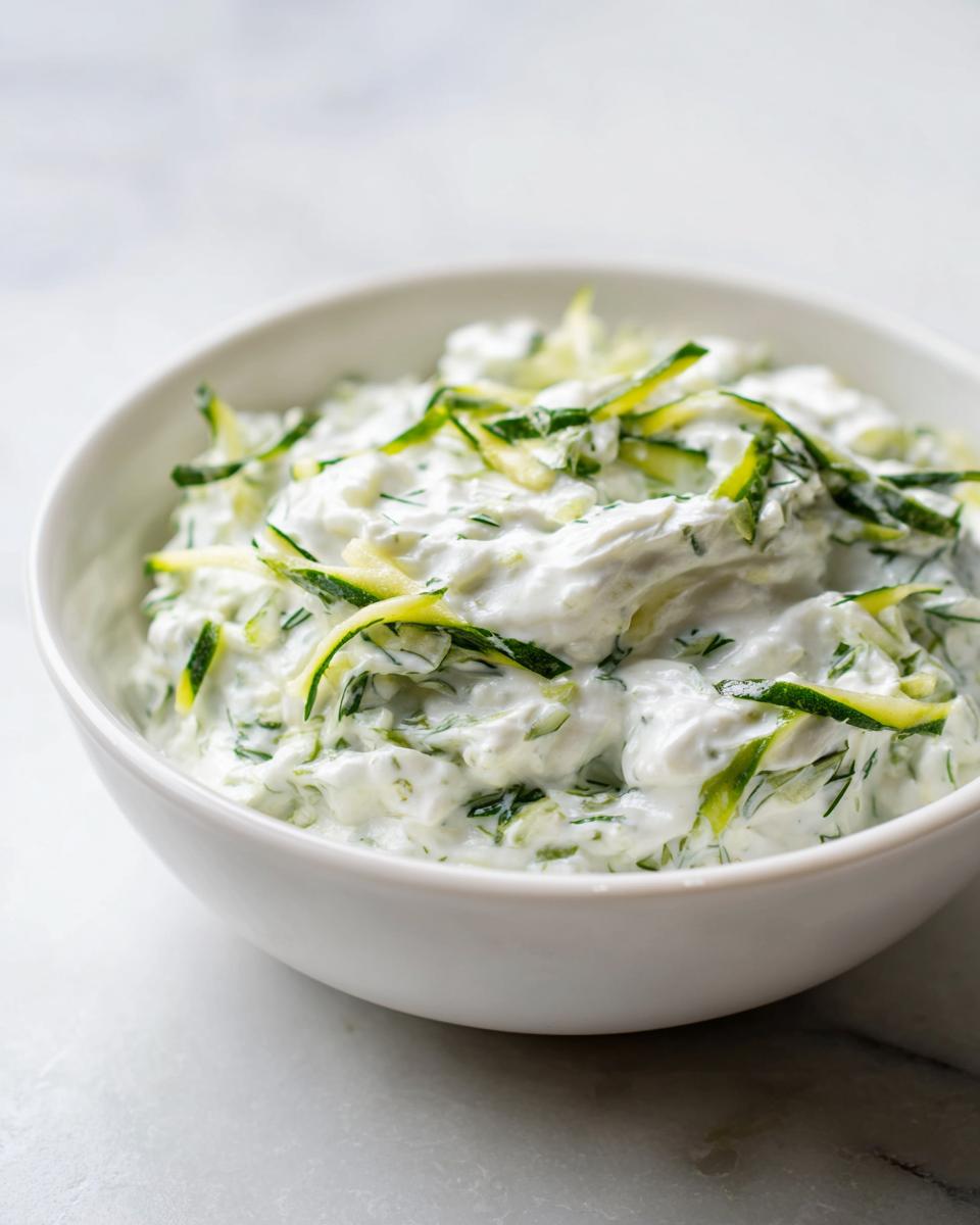 A bowl of creamy 5-minute Tzatziki sauce topped with shredded zucchini and fresh dill.