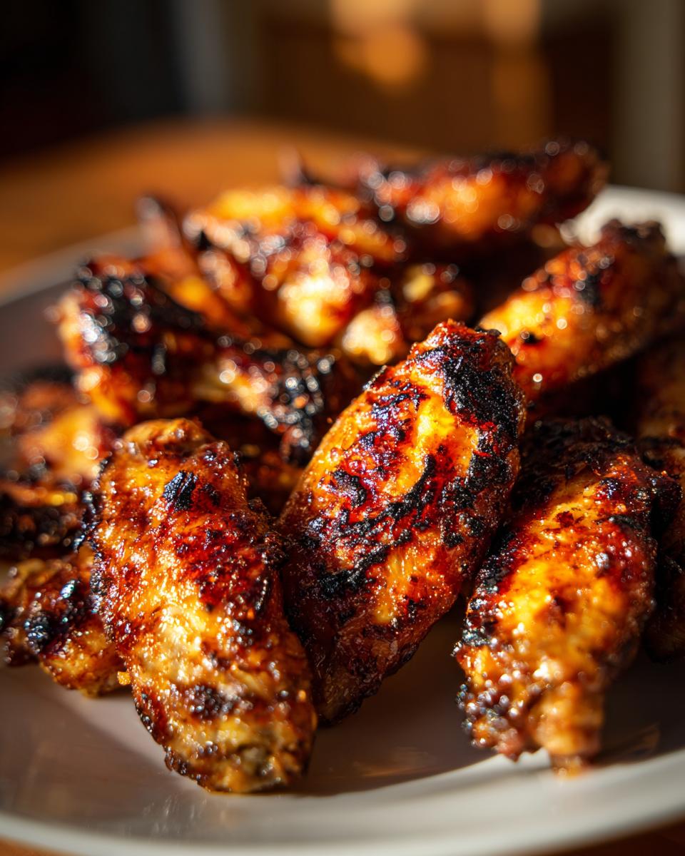 A close-up shot of perfectly crispy air fryer chicken wings, glistening with sauce and slightly charred.