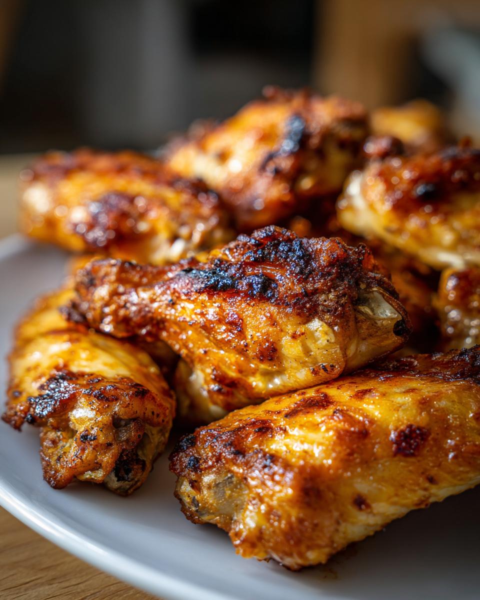 A close-up shot of a pile of perfectly cooked crispy air fryer chicken wings on a white plate.