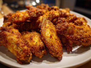 A close-up of a pile of golden-brown, crispy air fryer chicken wings seasoned with spices.