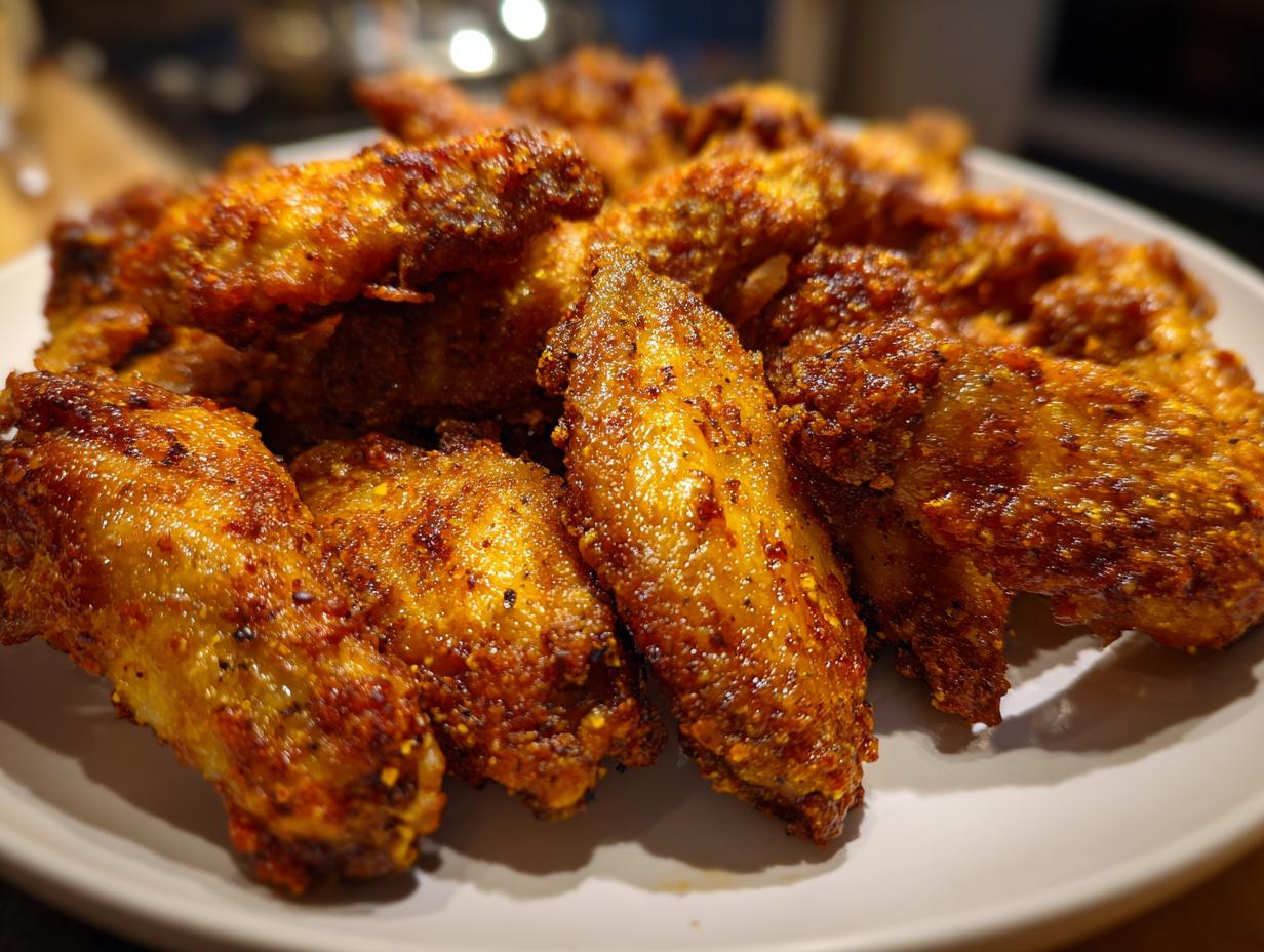 A close-up of a pile of golden-brown, crispy air fryer chicken wings seasoned with spices.
