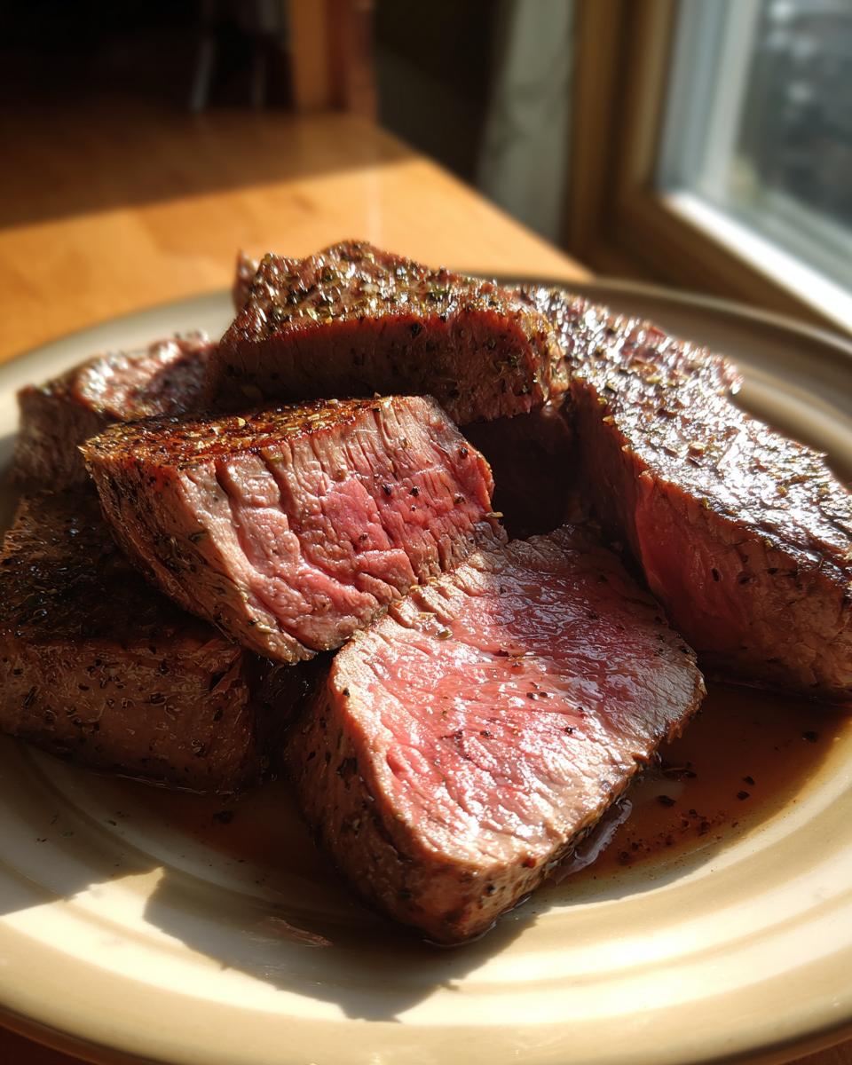 Close-up of perfectly cooked Alton Brown London broil, sliced and glistening with juices.