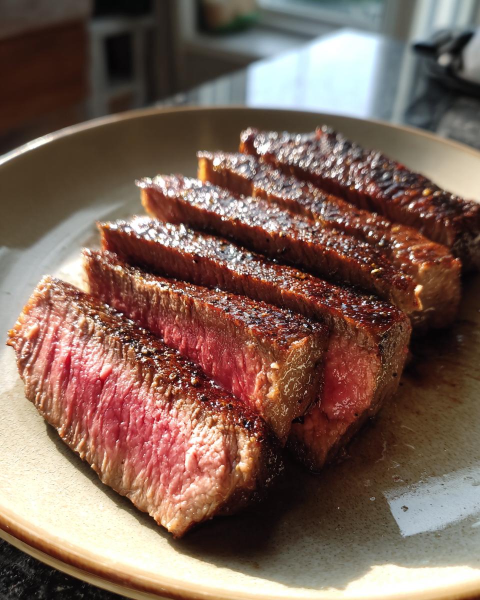 Close-up of perfectly cooked Alton Brown London broil steak, sliced to reveal a juicy pink interior and seared crust.