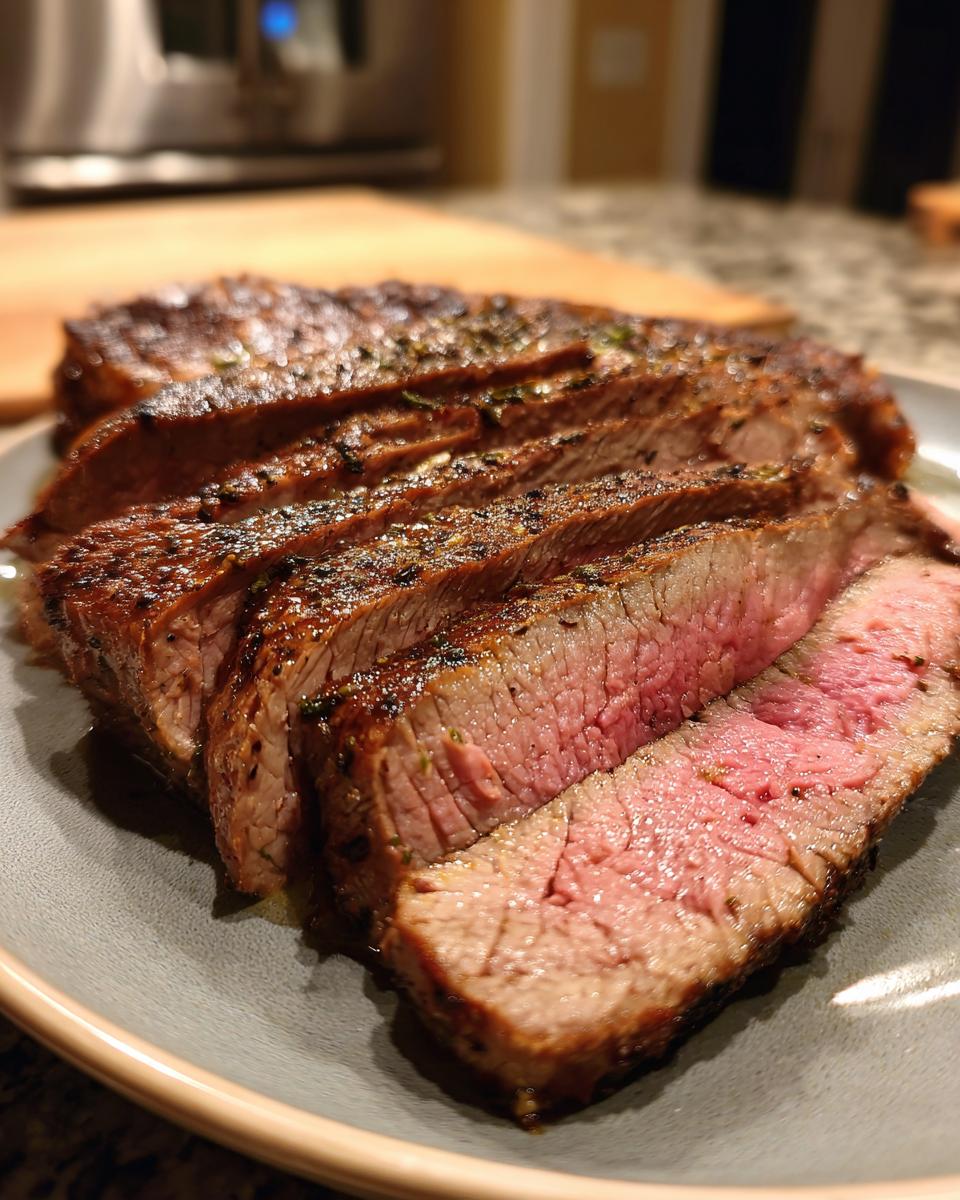 Close-up of perfectly cooked Alton Brown London broil steak, sliced and showing a juicy pink center.