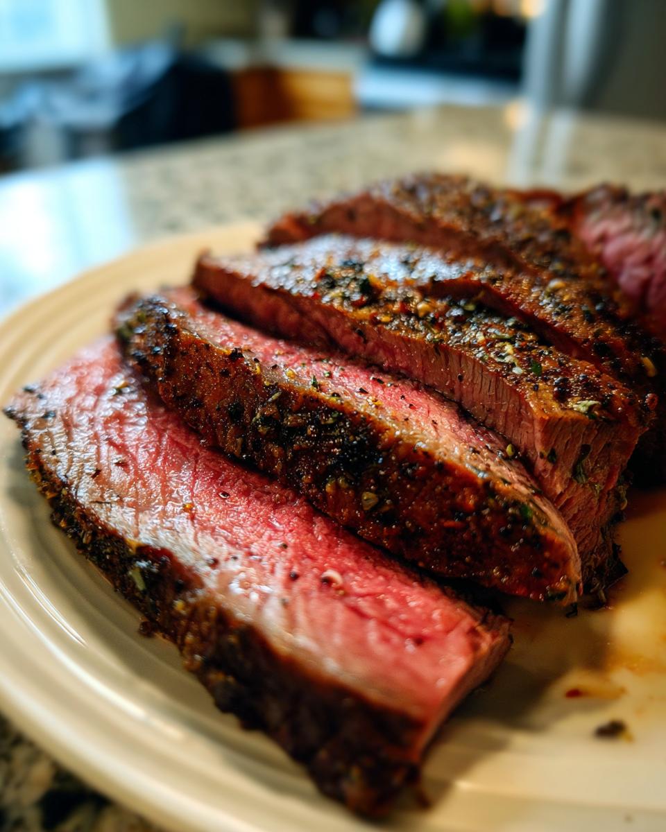 Close-up of perfectly cooked Alton Brown London broil steak, sliced and seasoned, showing a juicy pink interior.