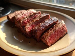 Close-up of perfectly cooked Alton Brown London broil steak, sliced and served on a plate, showing a medium-rare interior.