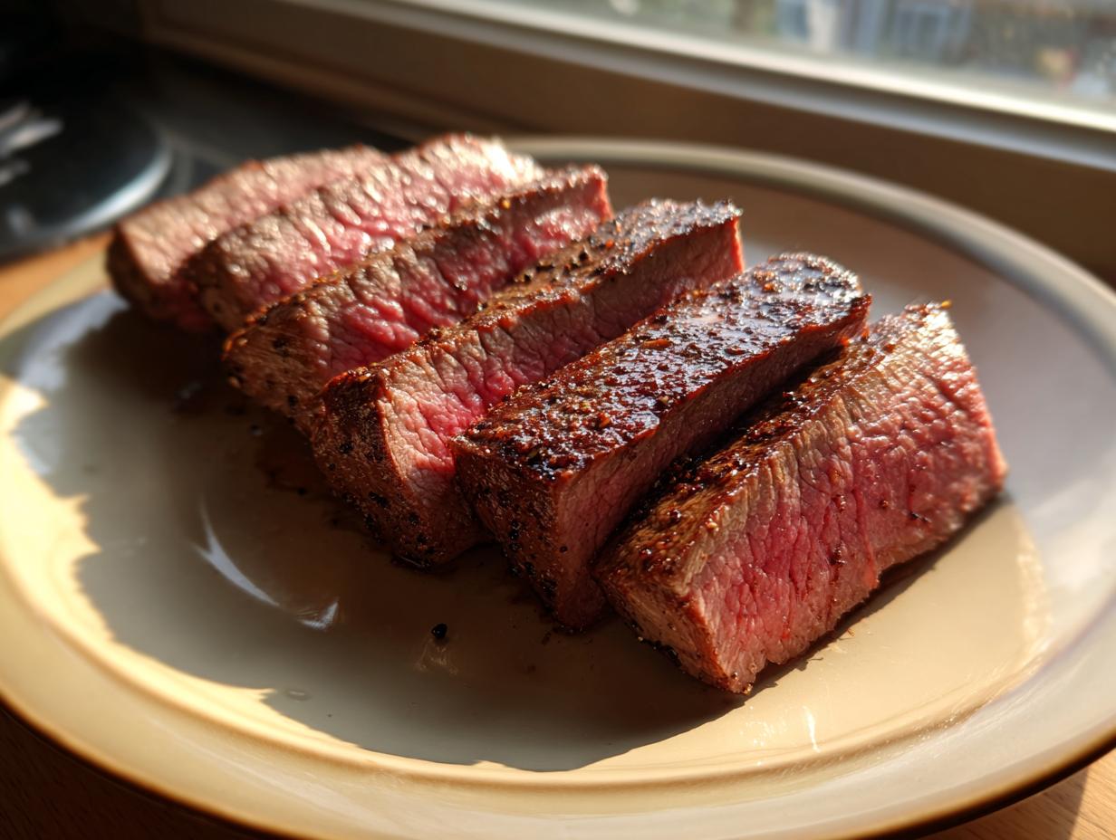 Close-up of perfectly cooked Alton Brown London broil steak, sliced and served on a plate, showing a medium-rare interior.