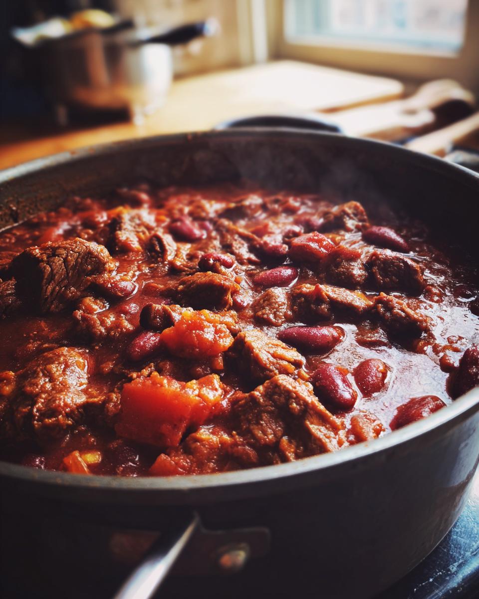 Close-up of a steaming pot of delicious beef and bean chili, ready to serve.