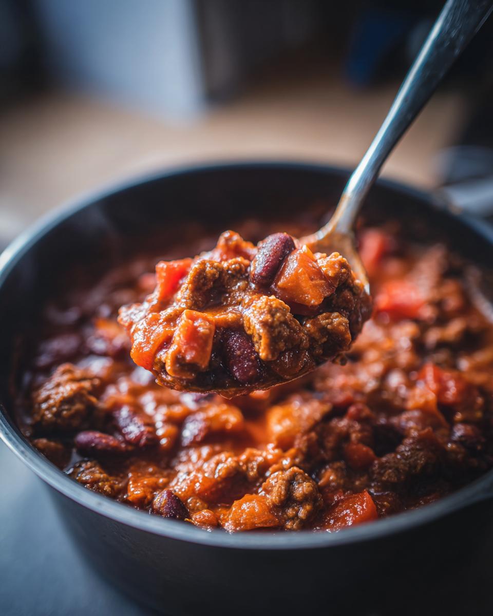 A spoonful of hearty chili with ground beef, beans, and tomatoes being lifted from a pot.