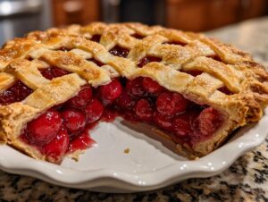 A close-up of a perfect slice of homemade cherry pie with a lattice crust and juicy red cherries.
