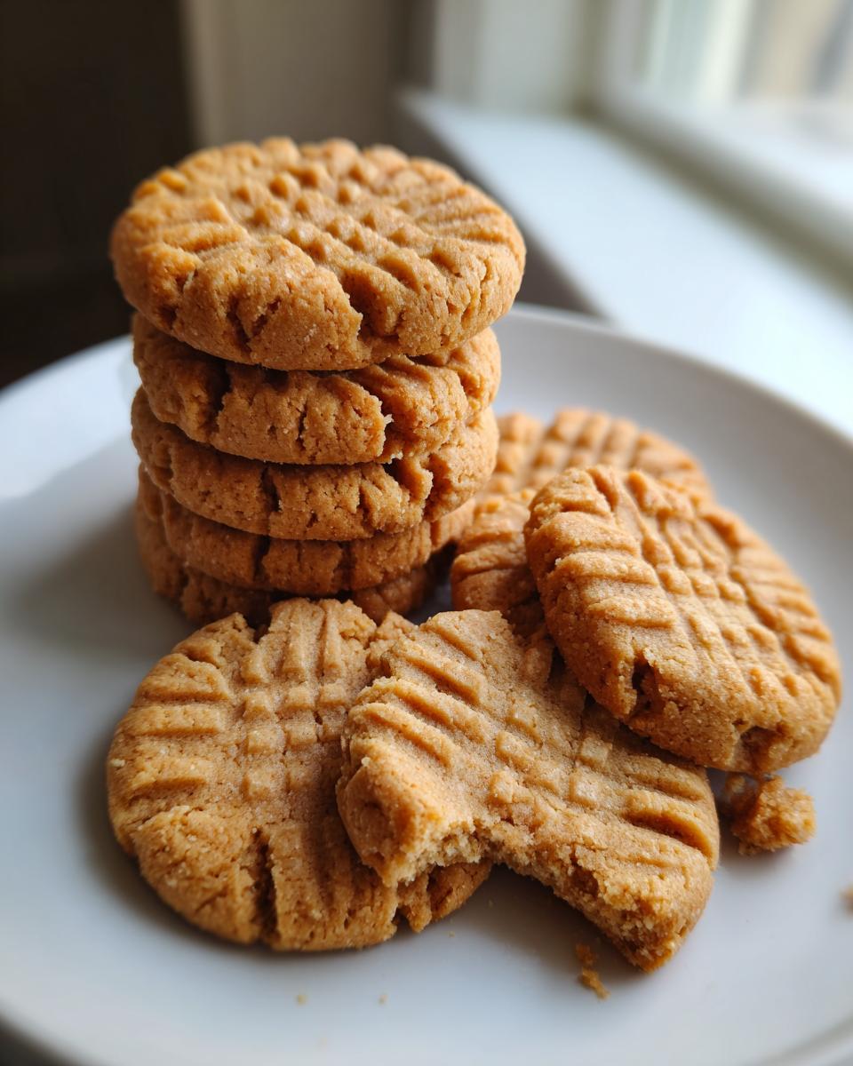 A stack of delicious peanut butter cookies with classic criss-cross fork marks, one cookie broken in half.