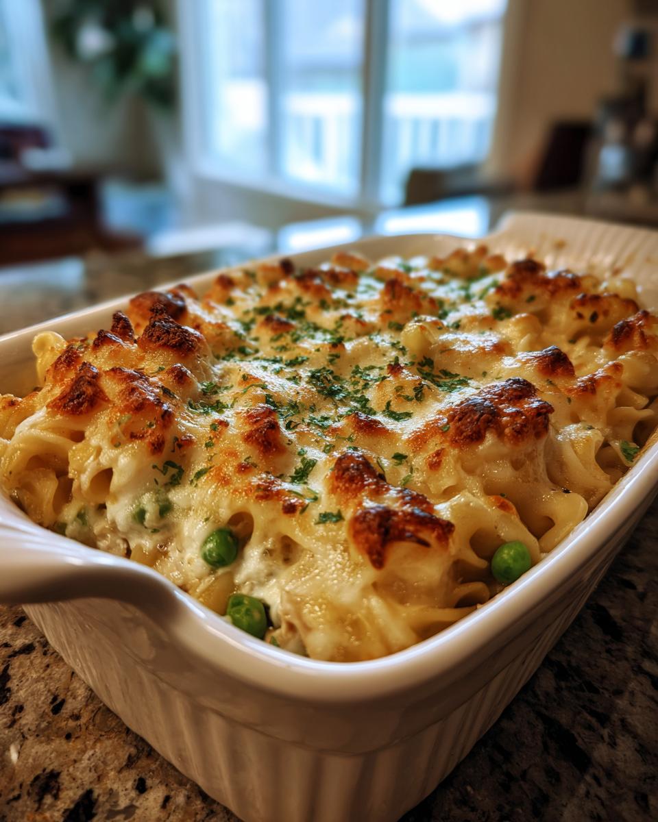Close-up of a baked Tuna Casserole in a white dish, topped with melted cheese and parsley, with visible peas.