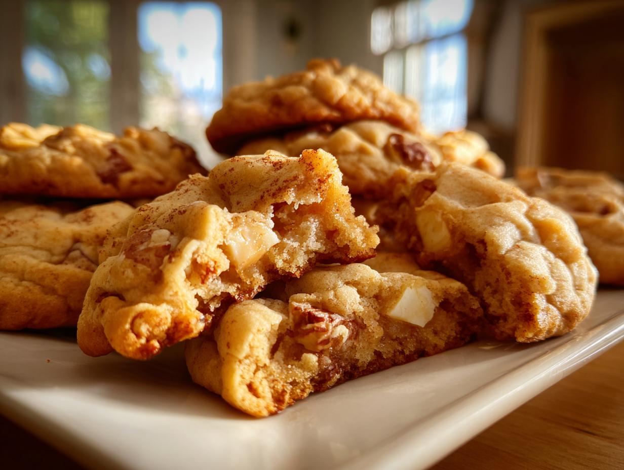 A close-up of a pile of freshly baked apple pie cookies, one broken in half to show the soft interior and apple chunks.