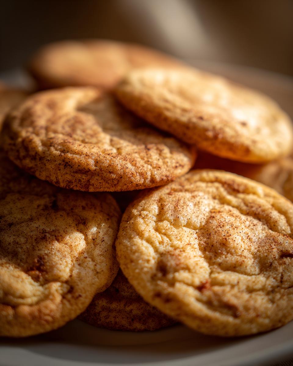 Close-up of a stack of golden brown apple pie cookies, dusted with cinnamon sugar.