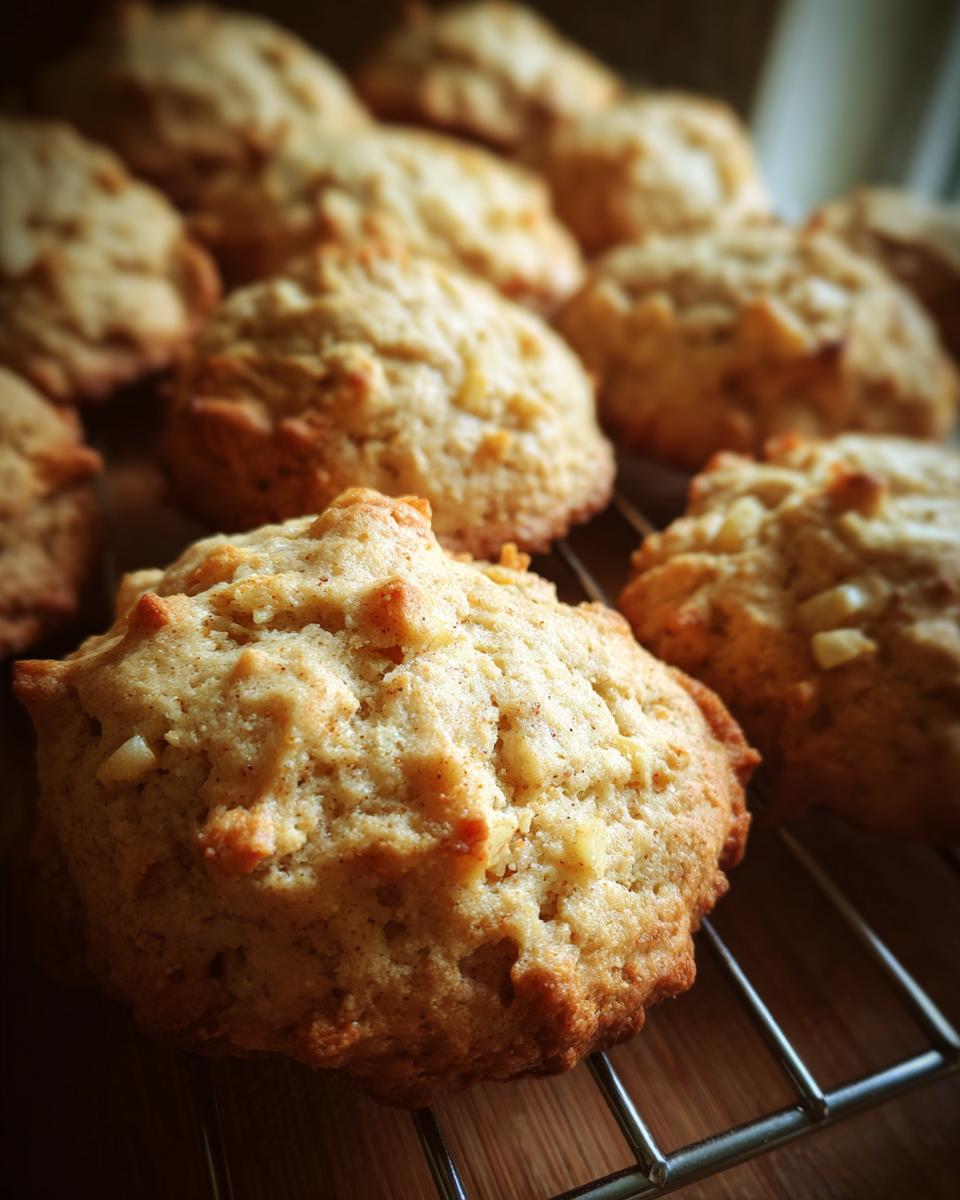 Close-up of golden brown apple pie cookies with visible chunks of apple and spice on a wire cooling rack.