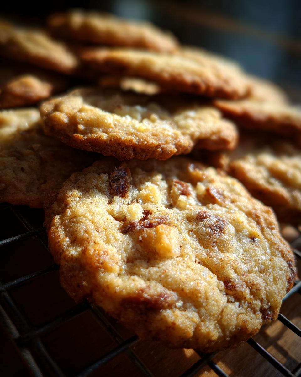 Close-up of golden brown apple pie cookies with visible chunks of apple and cinnamon on a wire cooling rack.