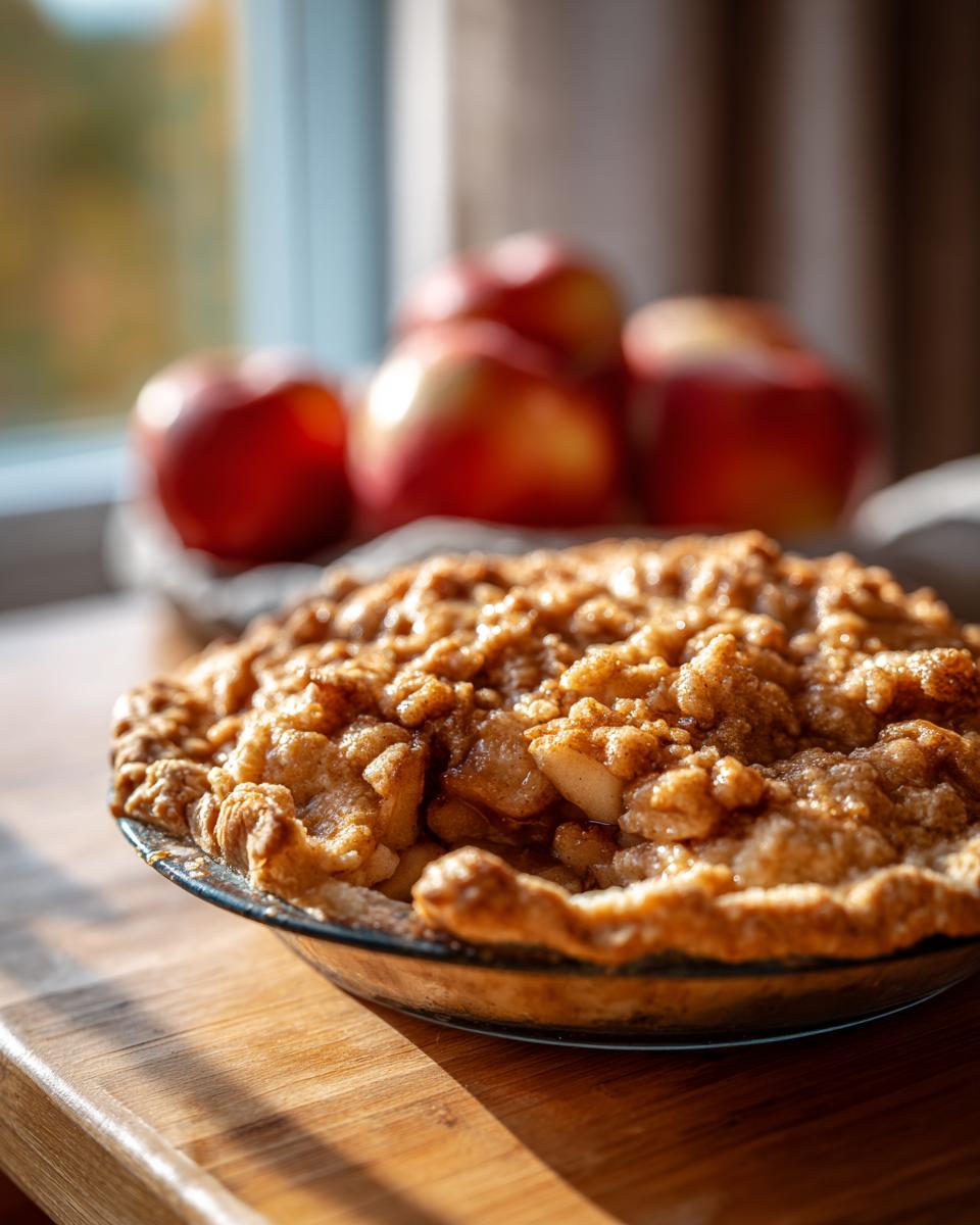 Close-up of a golden brown apple pie dump cake with a crumb topping, fresh apples in the background.