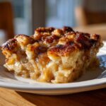 A close-up of a moist slice of apple pie dump cake on a white plate, showcasing tender apples and a crumbly topping.