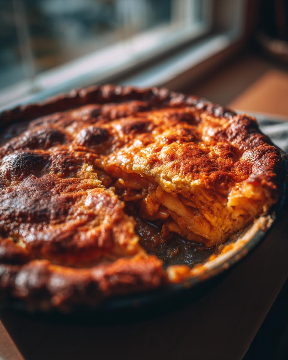 A close-up of a slice of golden-brown apple pie dump cake, showing tender apple filling and a crumbly topping.