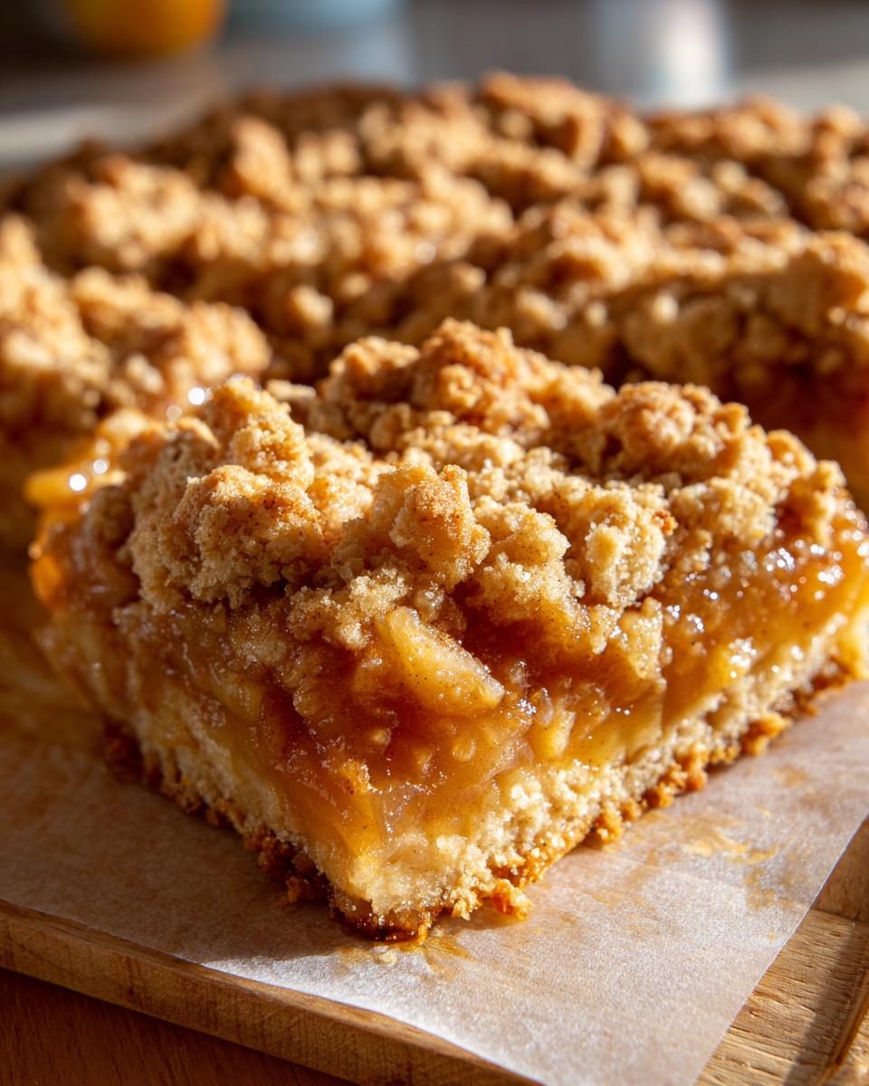A close-up of a slice of apple pie dump cake with a crumb topping and gooey apple filling.