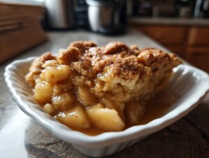 A close-up shot of a warm slice of apple pie dump cake in a white ramekin, showing tender apple chunks and a crumbly topping.