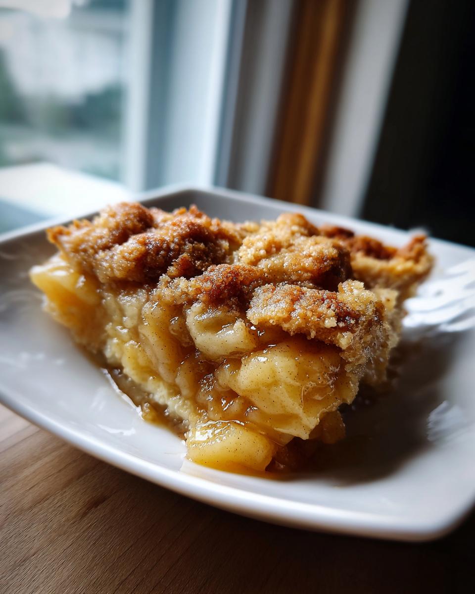 A close-up of a slice of apple pie dump cake on a white plate, showing tender apple chunks and a crumb topping.