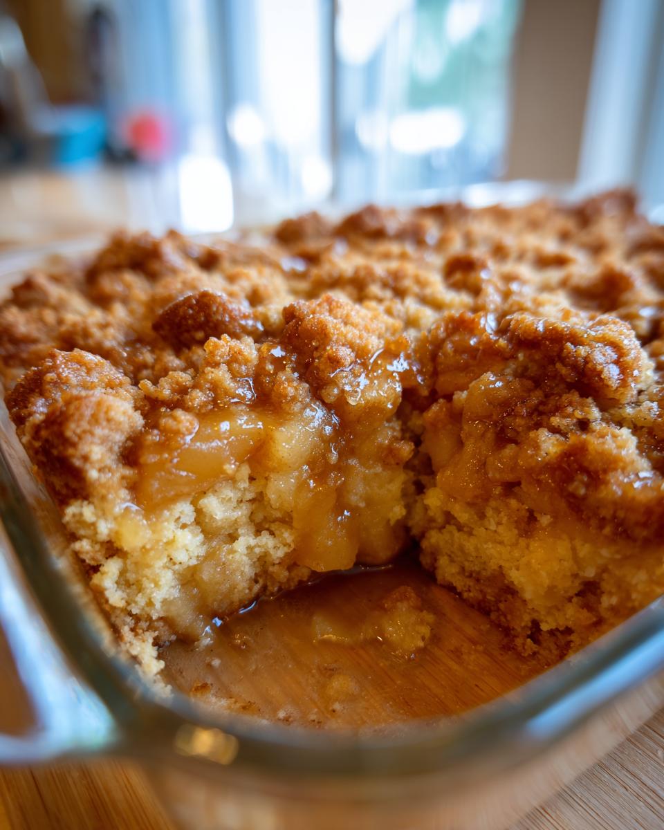 A close-up view of a freshly baked Apple Snickerdoodle Dump Cake in a glass baking dish, showing gooey apple filling and a crumbly topping.