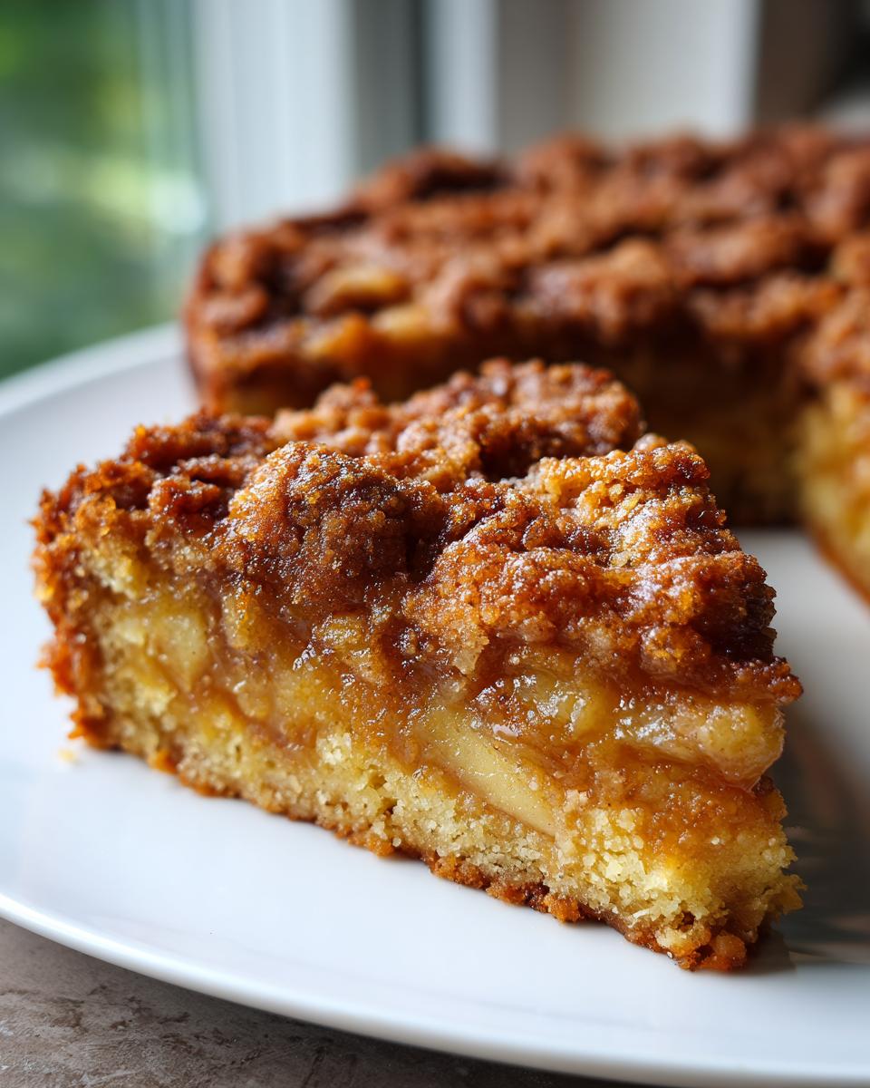 A close-up of a slice of Apple Snickerdoodle Dump Cake, showing layers of tender apples and a crumbly cinnamon topping.