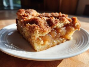 A slice of warm Apple Snickerdoodle Dump Cake on a white plate, showing gooey apple filling and cinnamon crumble topping.