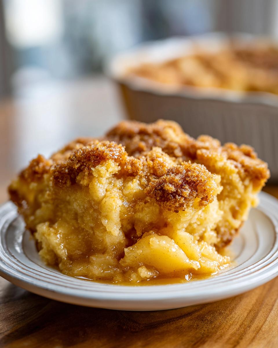 A close-up of a slice of Apple Snickerdoodle Dump Cake on a plate, showing tender apples and a crumbly topping.