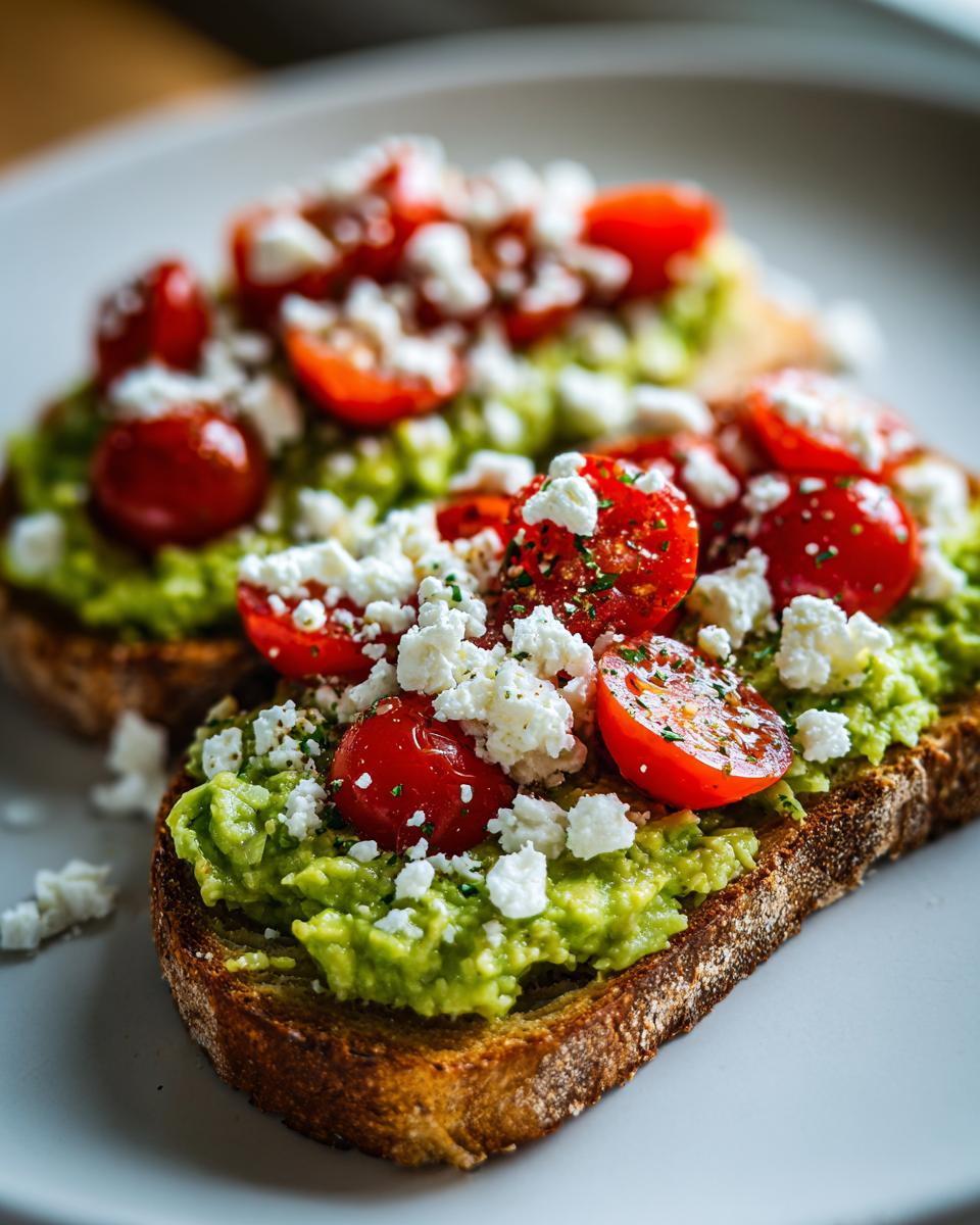 Close-up of two slices of avocado toast with feta cheese and halved cherry tomatoes, seasoned with herbs.