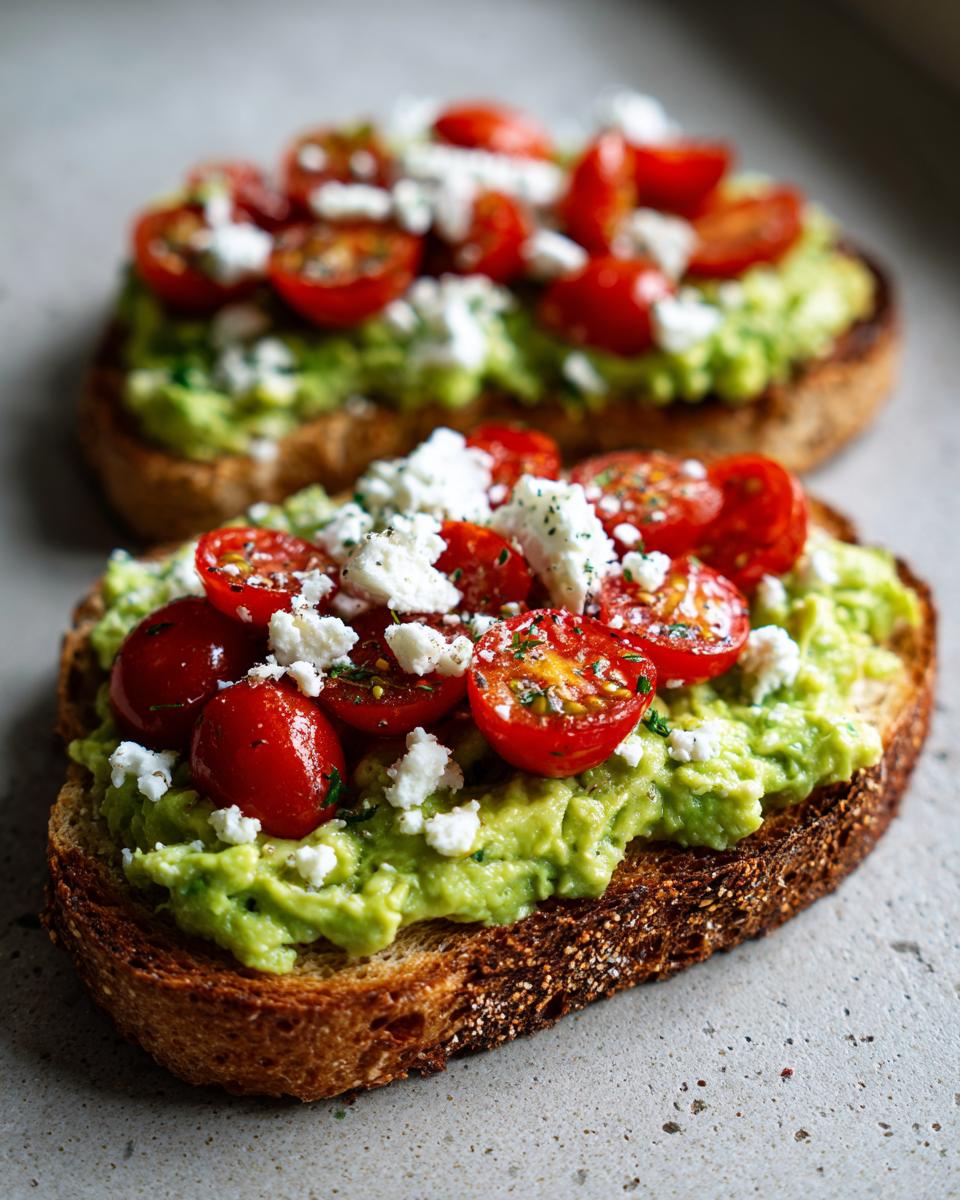 Close-up of two slices of avocado toast with feta cheese and halved cherry tomatoes.