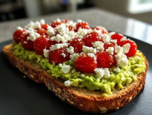 Close-up of avocado toast with feta cheese and roasted cherry tomatoes on a dark plate.