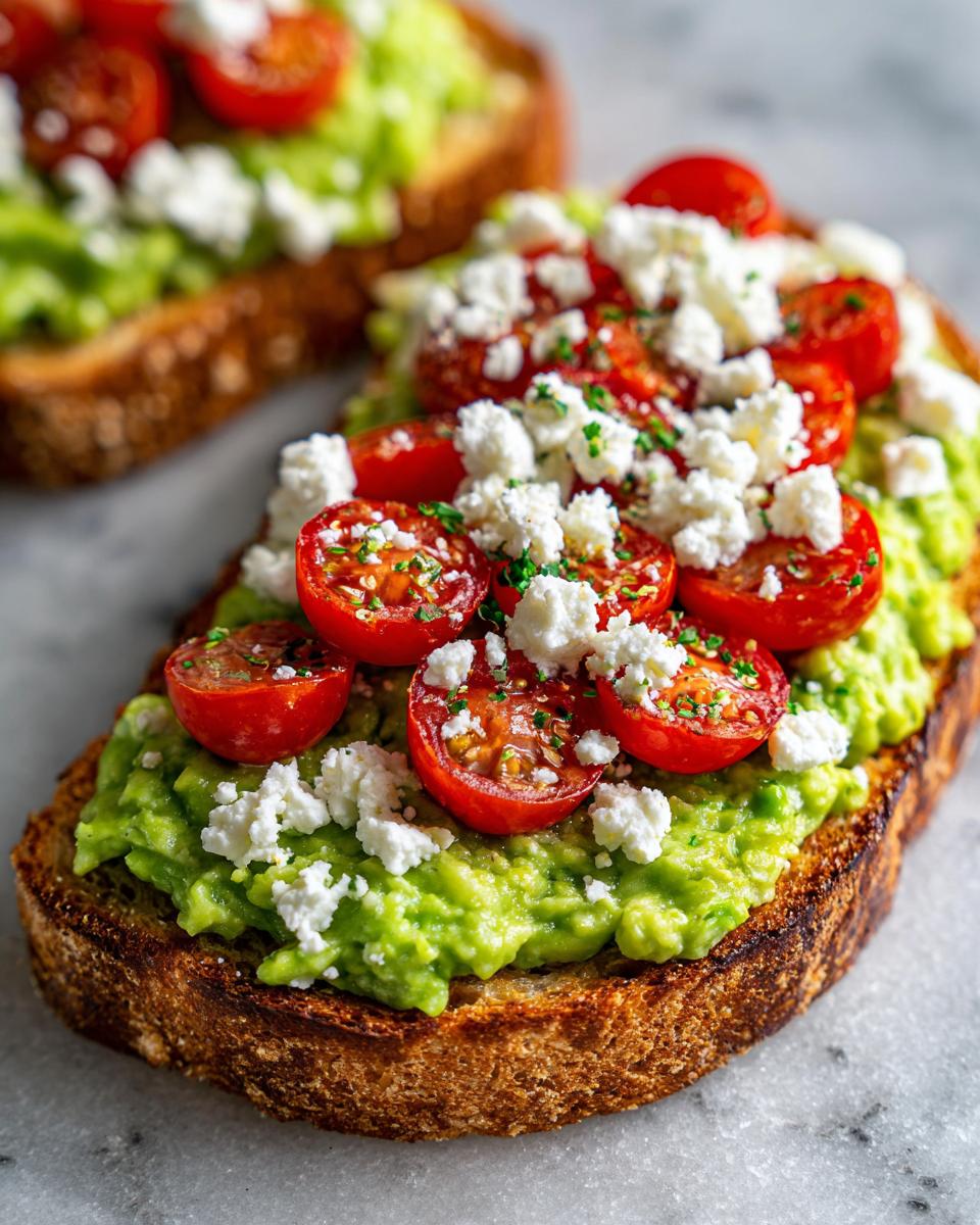 Close-up of a slice of avocado toast with feta cheese and halved cherry tomatoes, sprinkled with herbs.