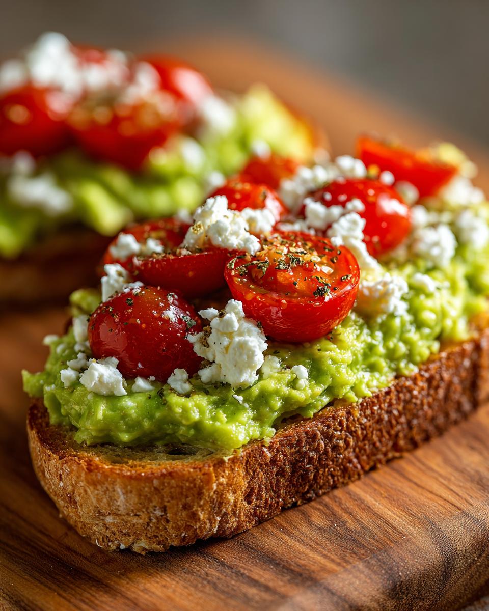 Close-up of avocado toast with feta cheese and halved cherry tomatoes, seasoned with herbs.