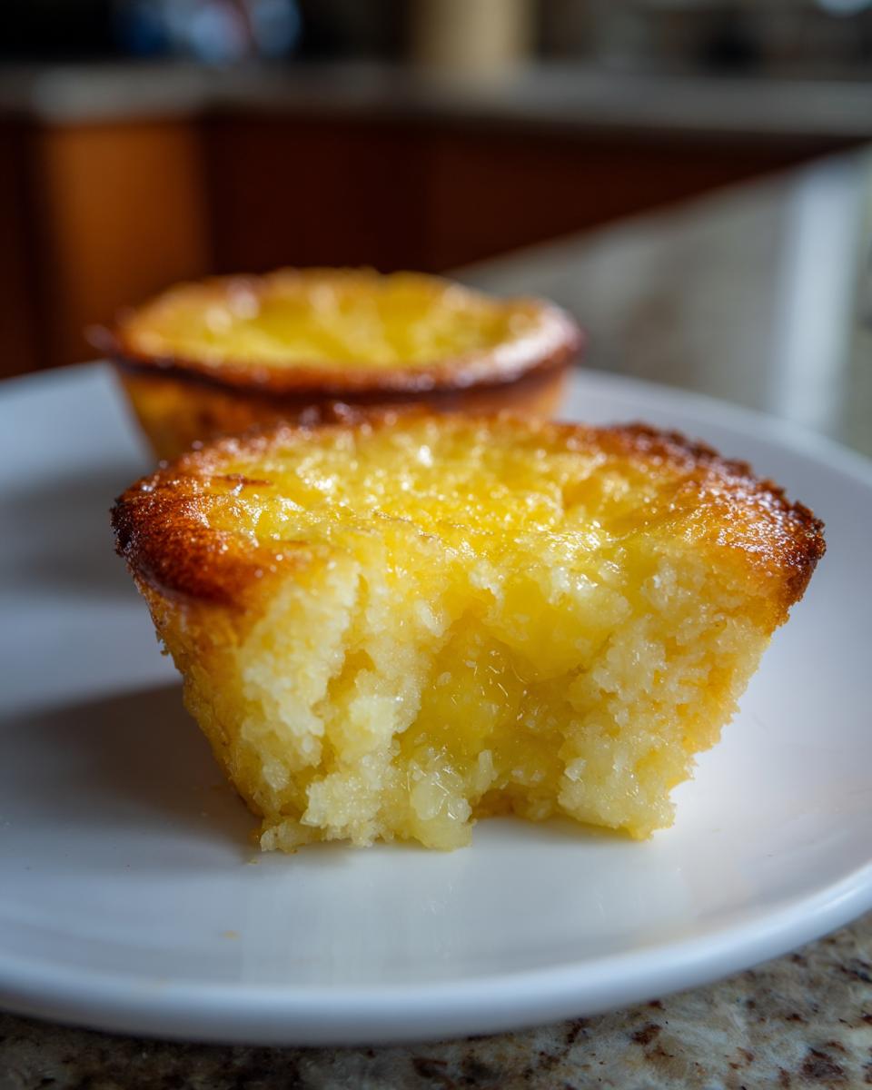 A close-up of a baby lemon impossible pie with a bite taken out, showing the fluffy cake and gooey lemon filling.