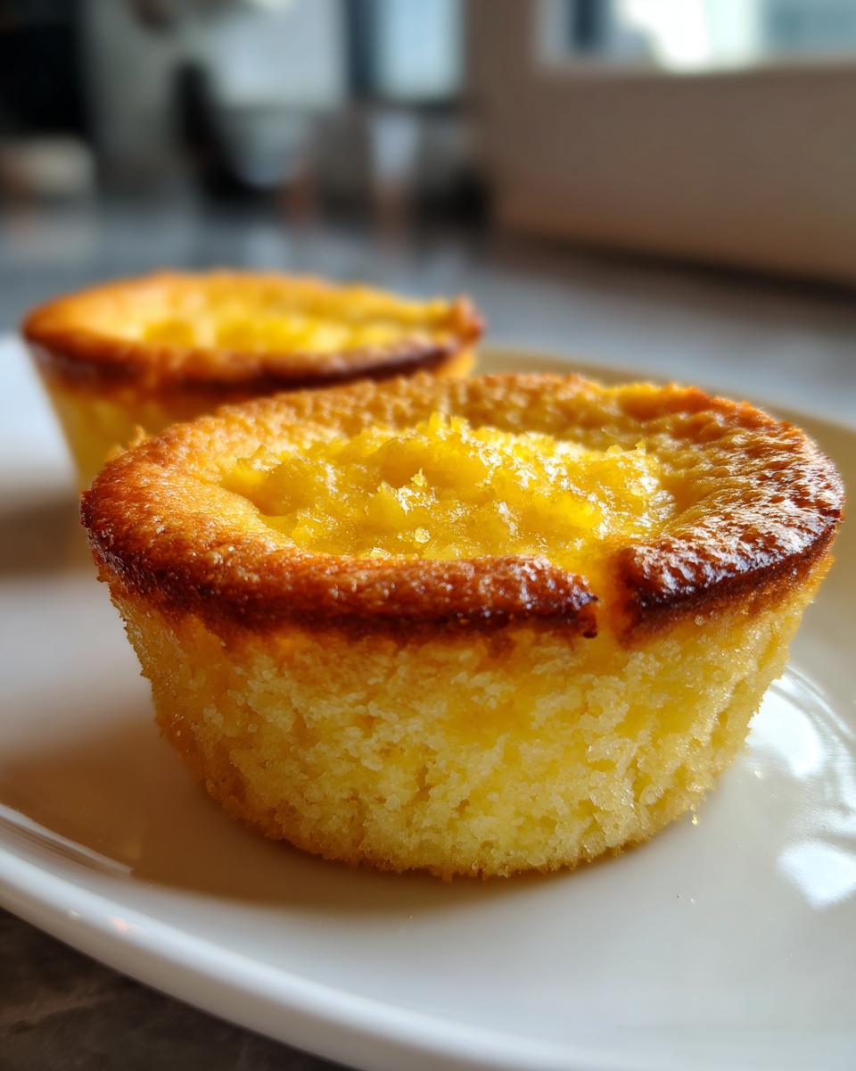 Close-up of two golden-brown baby lemon impossible pies on a white plate.