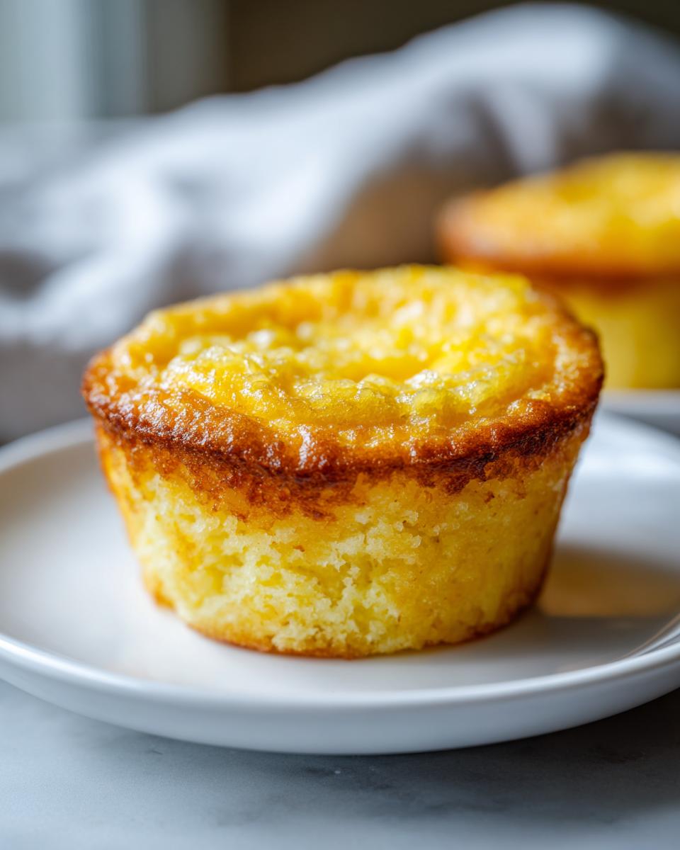 Close-up of a golden-brown baby lemon impossible pie on a white plate, with another pie blurred in the background.