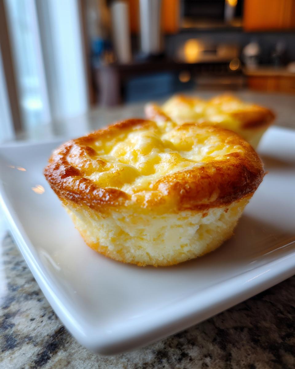 Close-up of two golden-brown baby lemon impossible pies on a white square plate.
