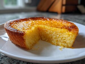 A slice of a golden-brown baby lemon impossible pie on a white plate, showing its fluffy texture.