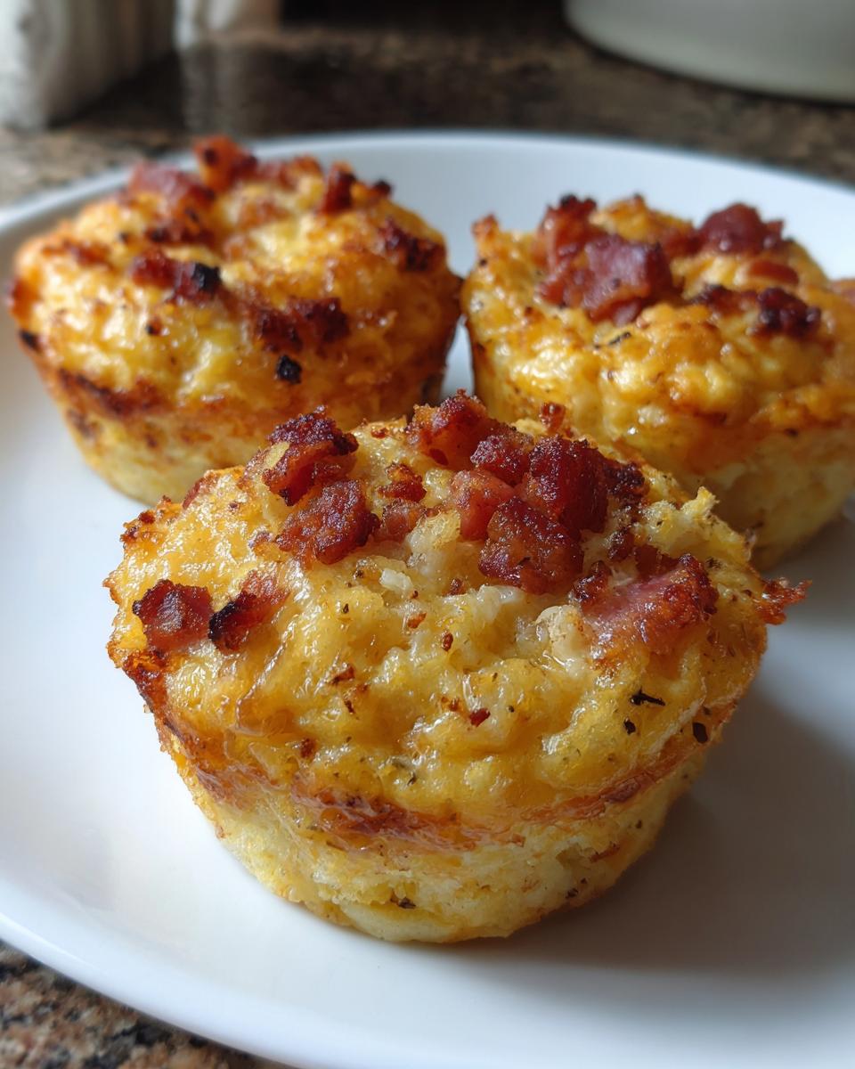 Three golden-brown Bacon Gruyere Egg Bites topped with crispy bacon pieces on a white plate.