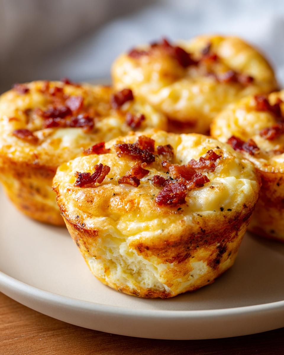 Close-up of delicious bacon gruyere egg bites topped with crispy bacon pieces.