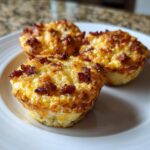 Three golden-brown bacon gruyere egg bites topped with crispy bacon pieces on a white plate.