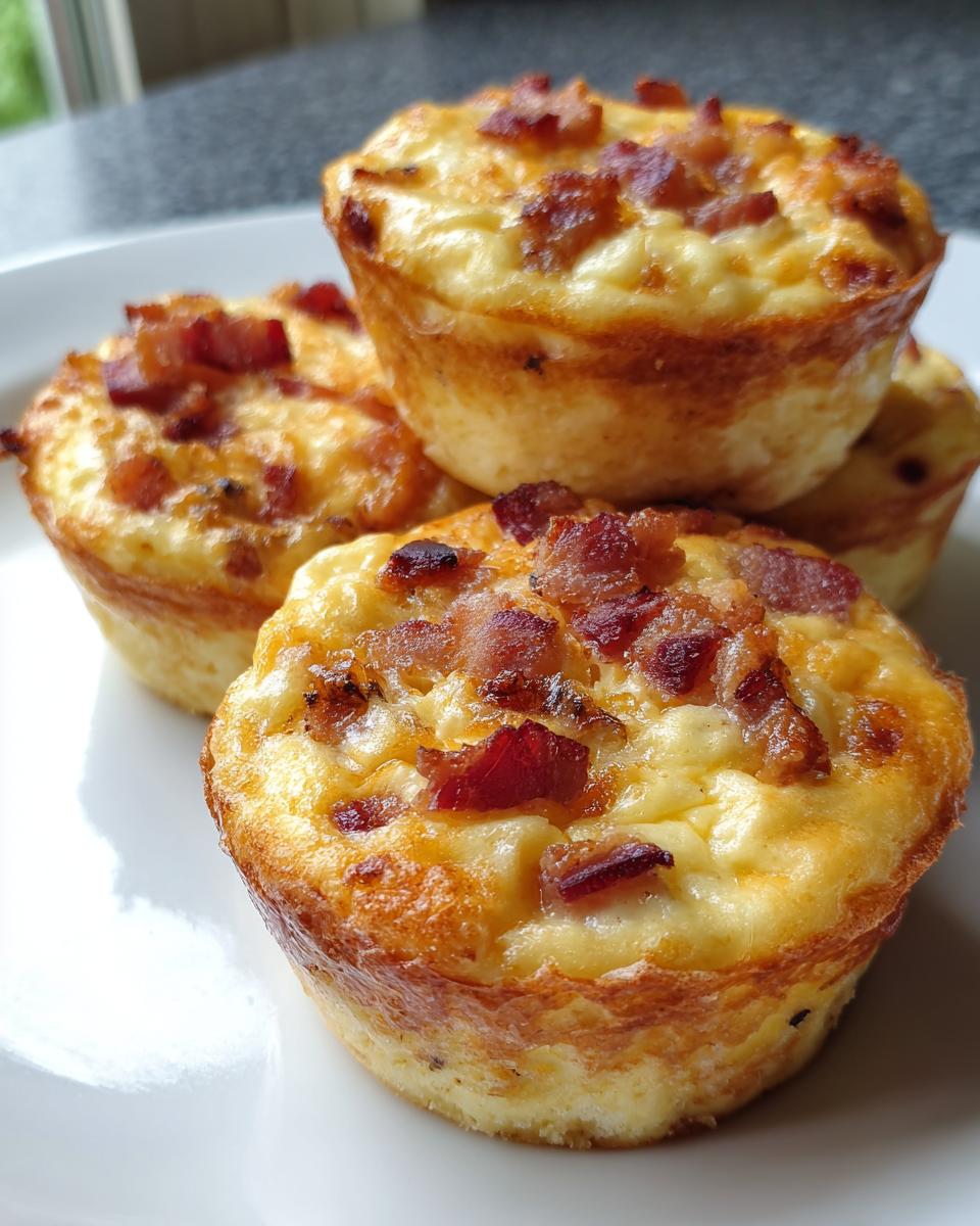 A close-up of four golden-brown bacon gruyere egg bites topped with crispy bacon pieces on a white plate.